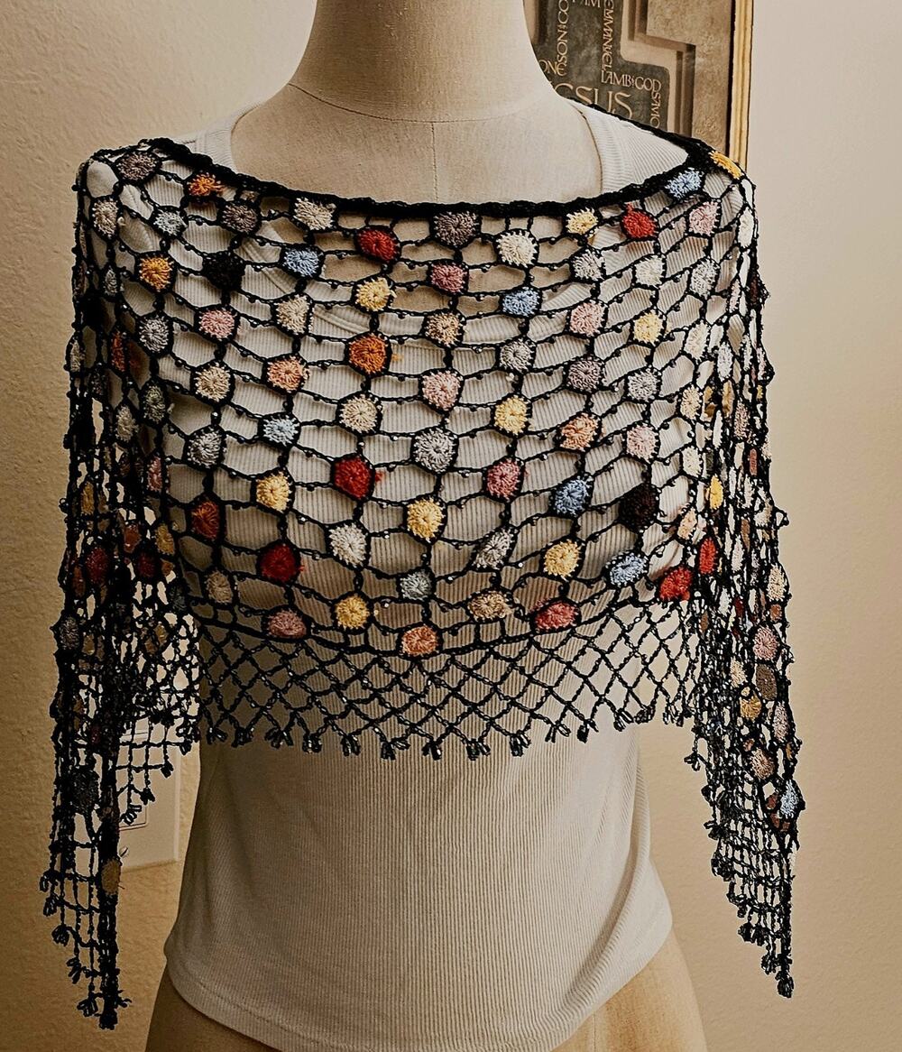 Handmade Crochet,beaded, Fringe Poncho Top Boho Festival Floral Mesh Overlay